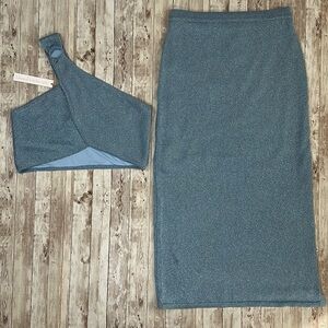House of Harlow 1960 Blue Metallic Shimmer Two Piece Set Maxi Skirt Top sz M/L